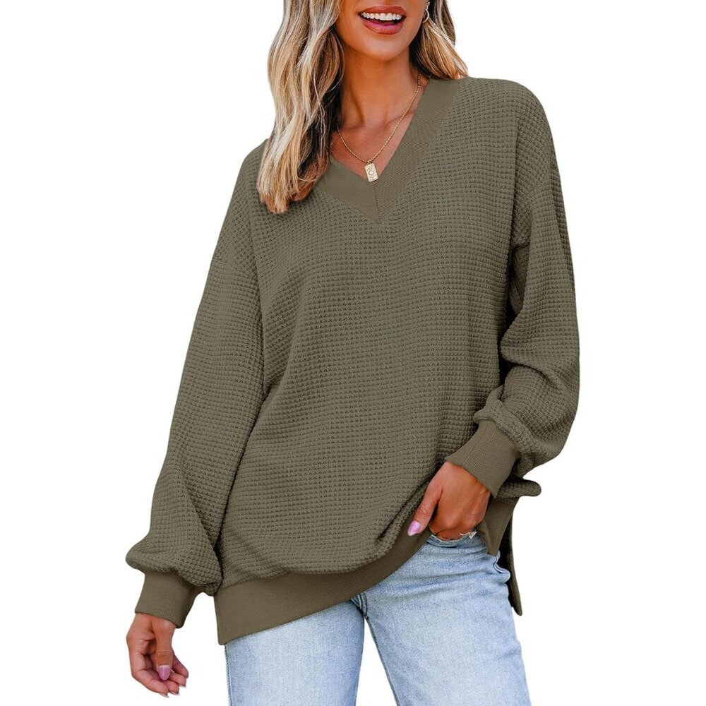 Women's Waffle Knit Pullover Sweater Oversized Off Shoulder V-Neck Top